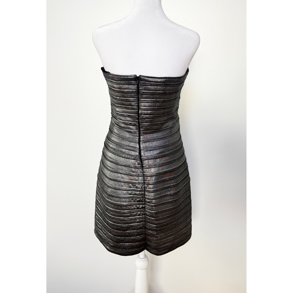 BCBGMAXAZRIA Metallic Bandage Strapless Bodycon Mini Dress Silver Black Medium - Picture 6 of 8